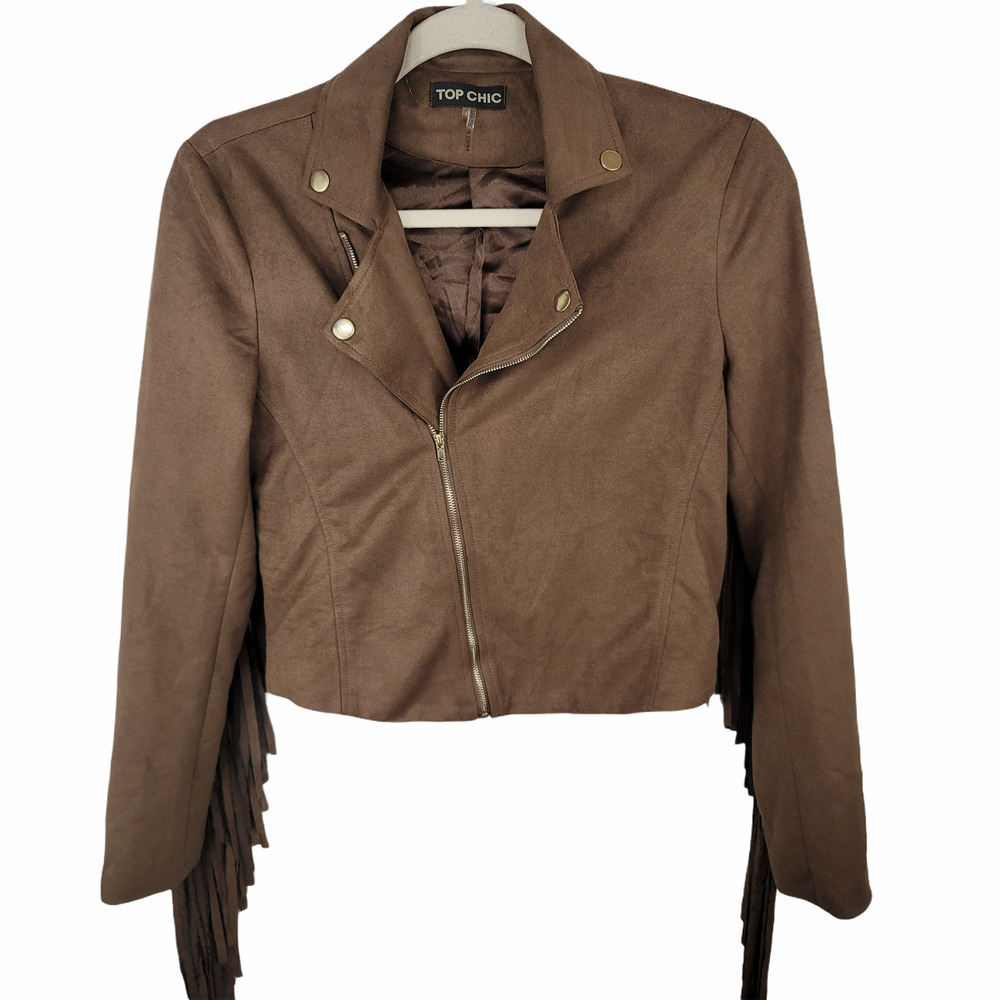 TOP Chic Faux Suede Fringe Crop Moto Jacket Size S